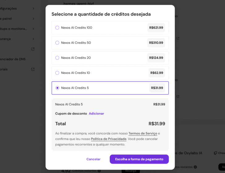 A compra de créditos de IA via Nexos pode ser feita dentro do painel da Hostinger