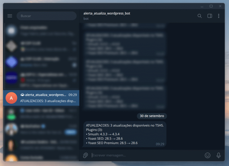 Aviso de atualizações disponíveis recebido no Telegram