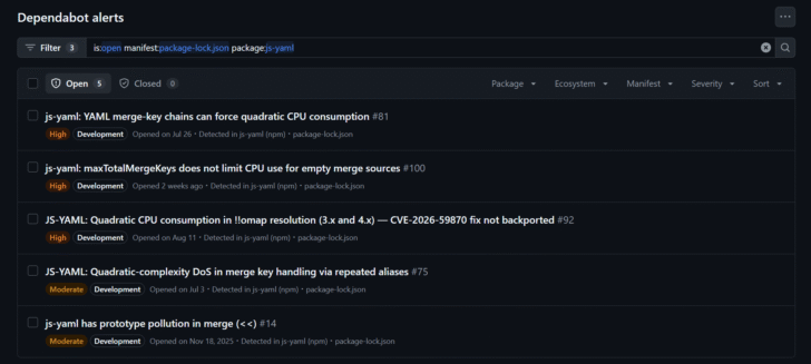 Alertas do repositório exibidos no painel do GitHub