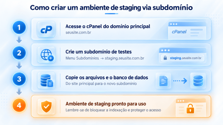 Diagrama ilustrativo do passo a passo de criação de um ambiente de staging via subdomínio