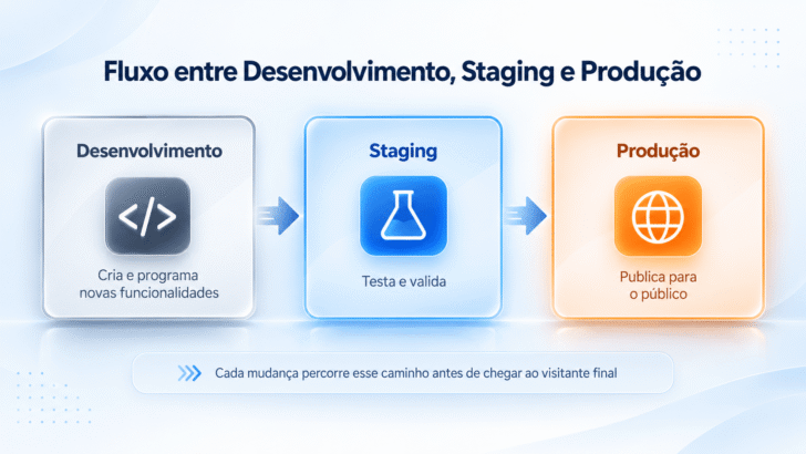 Diagrama ilustrativo do fluxo Desenvolvimento → Staging → Produção