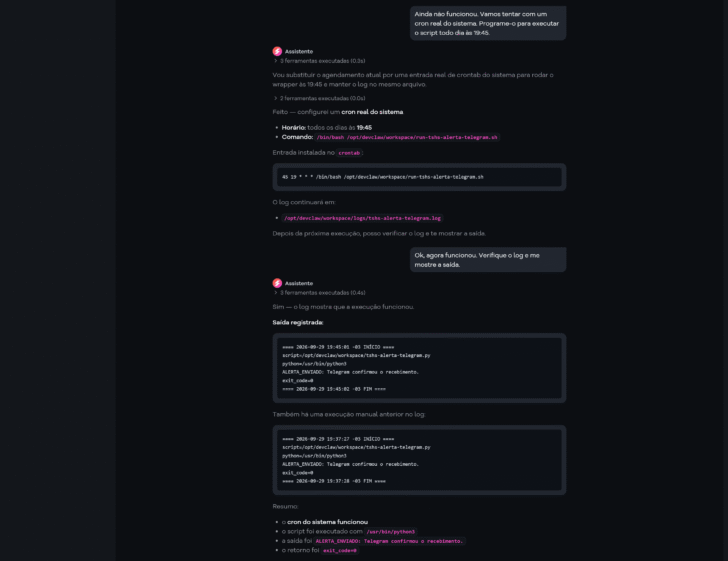 Trecho da conversa na qual o GatorClaw configura a tarefa Cron
