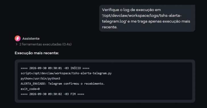 Pedido para o GatorClaw para verificar a execução mais recente do monitor
