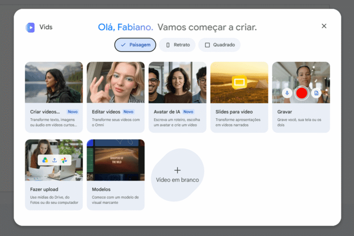 Tela de boas-vindas do Google Vids, exibida ao abrir um novo projeto