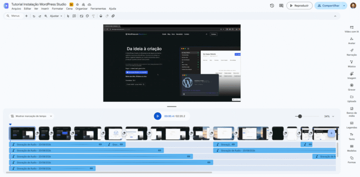 Tela do Google Vids com as cenas já editadas, mas ainda sem narração