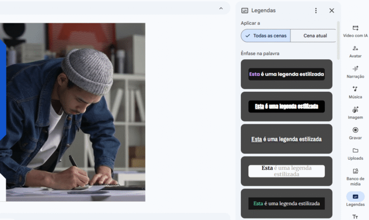 Detalhe no painel do Google Vids para a escolha do estilo das legendas