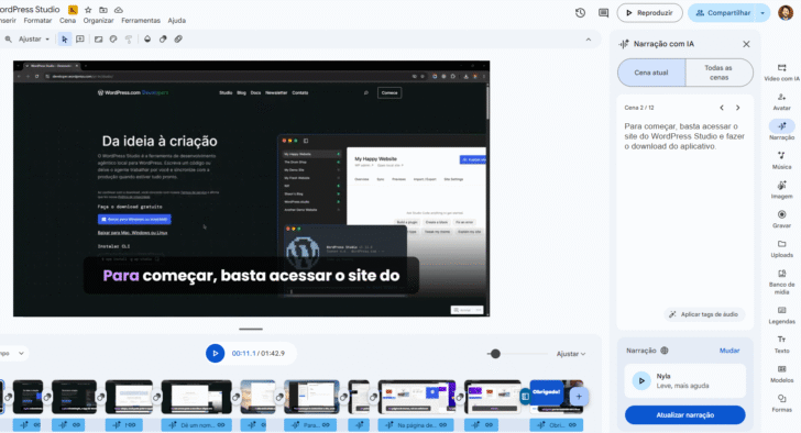 Para gerar a narração de uma cena, basta inserir o texto na janela “Narração com IA”