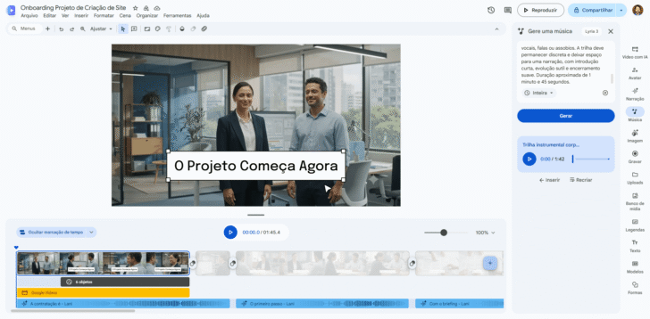 A geração de música de fundo também é feita através de prompts, o que facilita bastante o trabalho