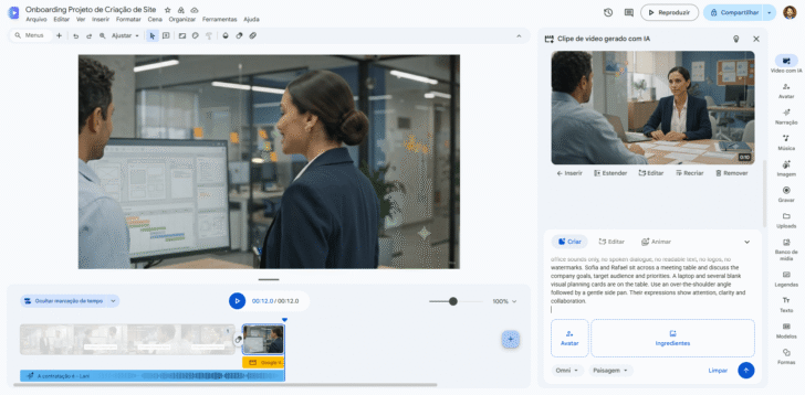 Tela para geração de clipe com IA no Google Vids