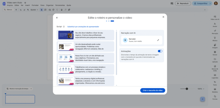 Além de selecionar os slides, é possível optar por usar ou não as anotações da apresentação na narração