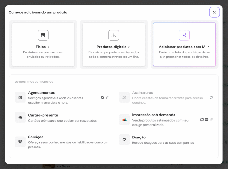Tela com as opções de produto que podem ser criados na loja Hostinger Ecommerce