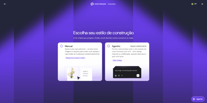 Primeiro passo da criação de uma loja com o AI Builder