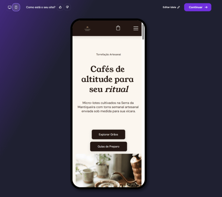 Versão responsiva da loja, na etapa de pré-visualização