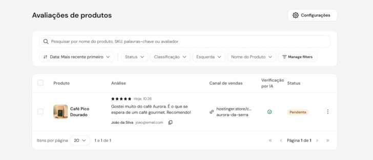 Avaliação pendente de aprovação, no painel do Hostinger Ecommerce