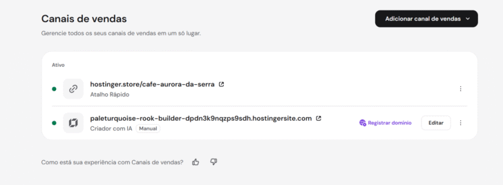 Canais de vendas criados por mim durante os testes com o Hostinger Ecommerce