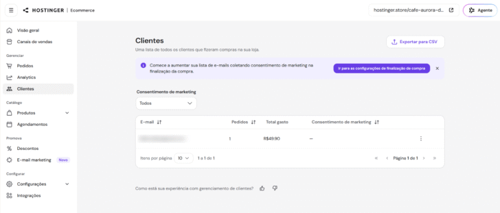Seção de clientes no Hostinger Ecommerce