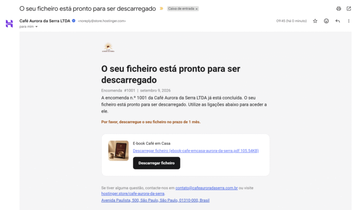 Depois do pagamento ser marcado como feito, o e-mail foi disparado imediatamente para download do e-book