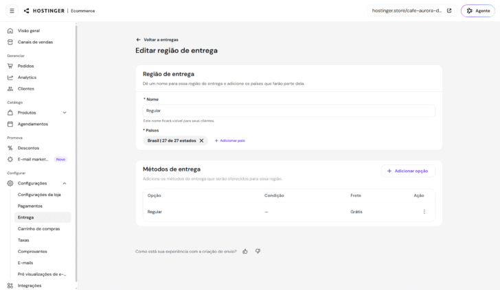 Área de edição de frete e métodos de entrega no Hostinger Ecommerce
