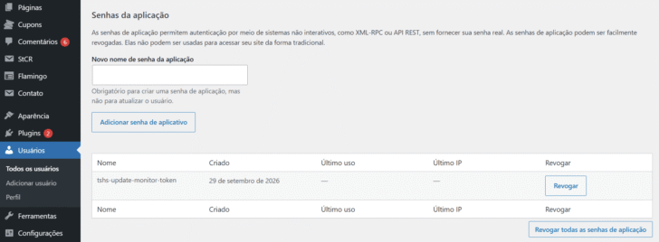 Após a criação do usuário, é necessário criar uma senha de aplicação, para ser usada na API REST