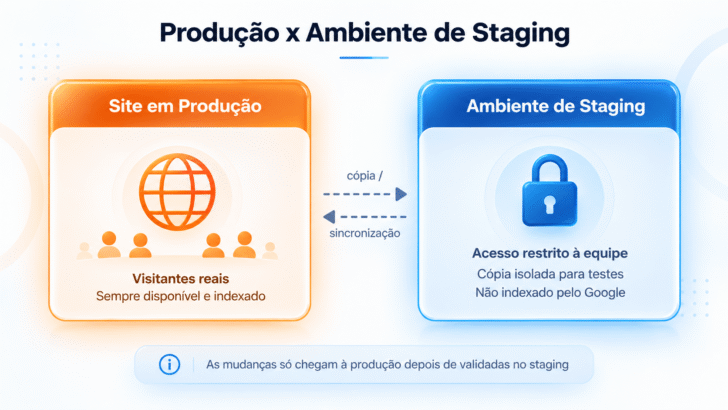 Diagrama ilustrativo: produção (pública) x staging (privado, para testes)