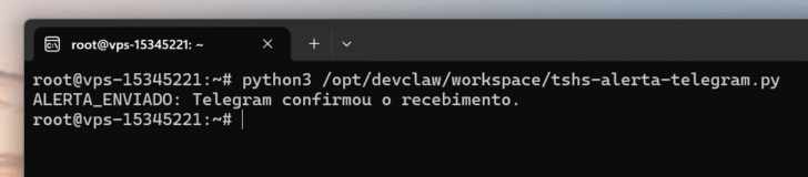 Script que envia o alerta para o Telegram rodando com sucesso no terminal