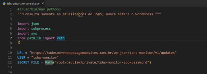 As linhas 10, 11 e 12 devem ser alteradas para corresponder ao ambiente da sua instalação do WordPress e da VPS com o monitor