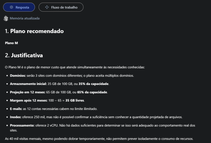 Trecho da resposta gerada pelo GPT após a análise dos recursos da hospedagem